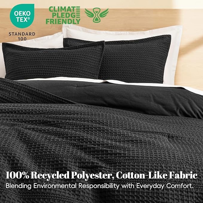 PHF Soft Waffle Comforter Set Twin Size- Comfy Breathable Waffle Weave Comforter with 1 Pillow Shams, 2 Pieces Less Snagging Lightweight Textured Bedding Set for All Season, Black