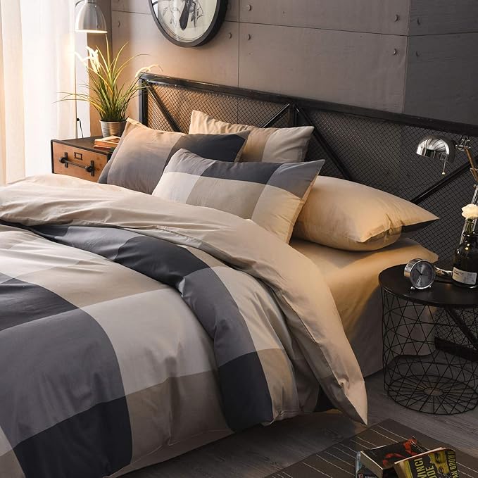 Queen Comforter Set Plaid 3 Pieces Soft Bedding Comforter Vintage Style Checkered Gingham Queen Comforter Set for All Seasons 1 Comforter and 2 Pillowcases