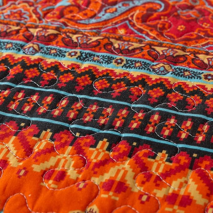 BEDIFANY Cotton Quilts Queen Size Set - Lightweight Bedspreads Queen Size - Soft Colorful Orange Quilted Quilt Bedding Sets (90 * 98 Inch) with 2 Pillow Shams for Bed Decoration Coverlet, 3 Pieces