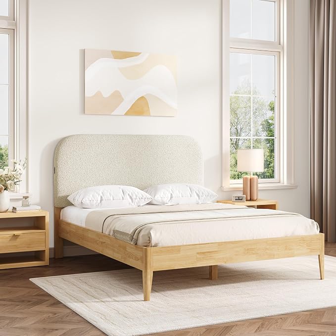 KISLOT Wood Bed Frame with USB & Type-C, Boucle Headboard, Oat, Queen | Platform Bed, Mattress Foundation, No Box Spring Needed, Easy Assembly