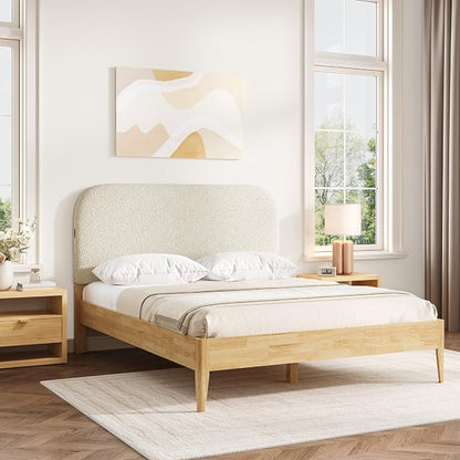 KISLOT Wood Bed Frame with USB & Type-C, Boucle Headboard, Oat, Queen | Platform Bed, Mattress Foundation, No Box Spring Needed, Easy Assembly