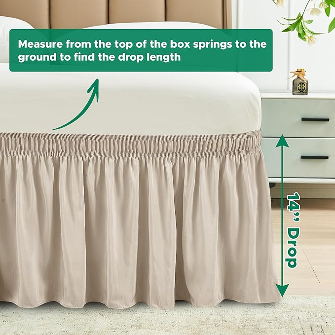 Biscaynebay Wrap Around Bed Skirts for King & Cal King Beds 14" Drop, Light Camel Adjustable Elastic Dust Ruffles Easy Fit Wrinkle & Fade Resistant Silky Luxurious Fabric Solid Machine Washable