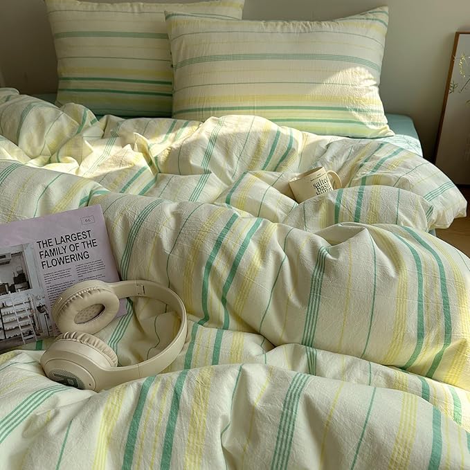 EAVD Vintage Striped Comforter Set Twin XL Soft Cotton 3-Piece Boho Bedding Set with 2 Pillowcases Retro Yellow-Green Vertical Stripes Geometric Comforter Set for All-Season