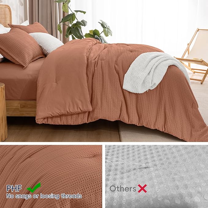 PHF Soft Waffle Comforter Set King Size- Comfy Breathable Waffle Weave Comforter with 2 Pillow Shams, 3 Pieces Less Snagging Lightweight Textured Bedding Set for All Season, Terra Cotta