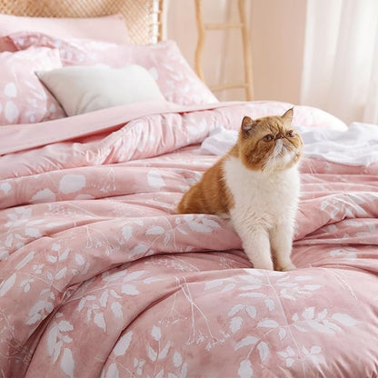 Bedsure Twin Comforter Set - 5 Pieces Floral Pink Soft Bedding Sets, Twin Bed in a Bag with Botanical Flowers Comforter, Sheets, Pillowcase & Sham
