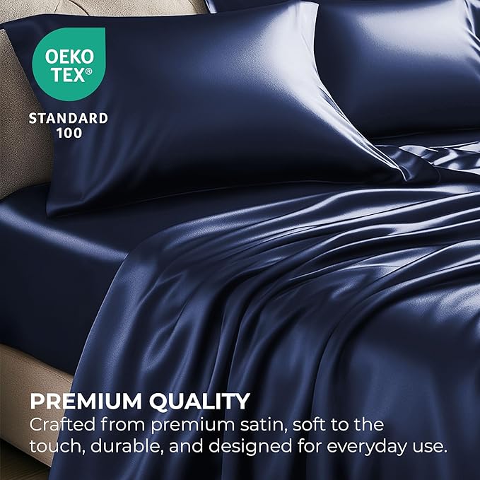 Pure Bedding Satin Sheets Twin Hotel Luxury Silky Bed Sheets - Extra Soft 1800 Microfiber Sheet Set, Wrinkle, Stain Resistant - Deep Pocket Fitted Flat Sheet, Pillow Cases (3-Piece, Midnight Blue)
