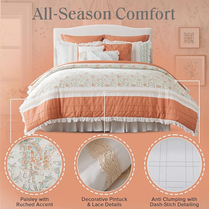 Madison Park Dawn 100% Cotton Shabby Chic Comforter Set-Modern Cottage Design All Season Down Alternative Bedding, Matching Shams, Bedskirt, Decorative Pillows, King(104"x92"), Coral 9 Piece