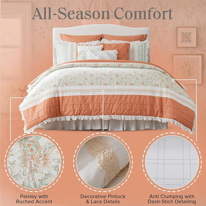 Madison Park Dawn 100% Cotton Shabby Chic Comforter Set-Modern Cottage Design All Season Down Alternative Bedding, Matching Shams, Bedskirt, Decorative Pillows, King(104"x92"), Coral 9 Piece