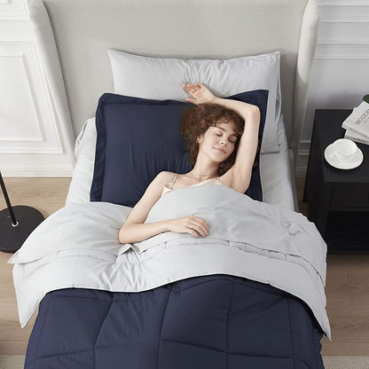 Nestl 5 Piece Twin Comforter Set – Navy Reversible Bed in a Bag – Complete Twin Size Bedding Set with Sheets, Pillowcase and Sham