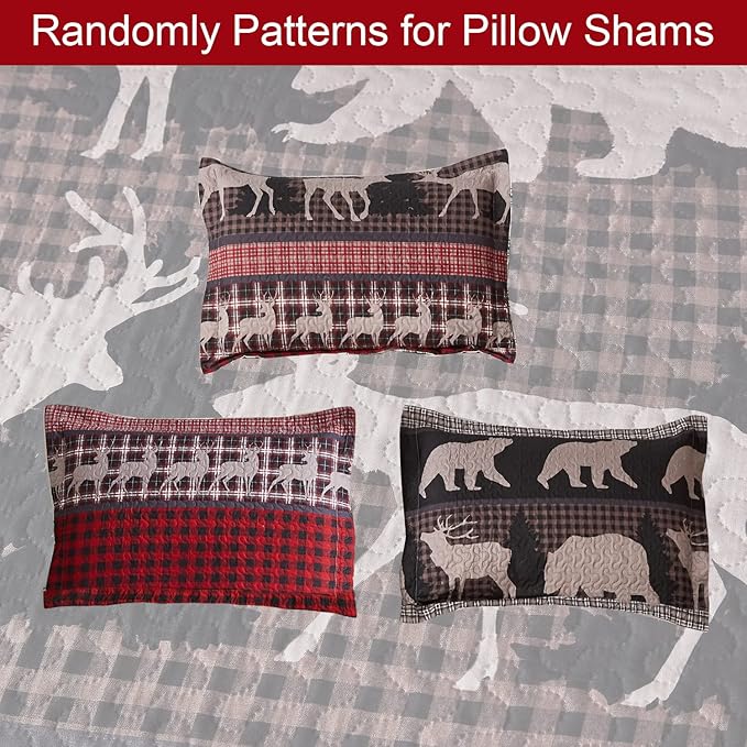Ycosy King Size Quilt Set Bedding Rustic Lodge Bedspread Set Queen Red Black Buffalo Plaid Quilt Reversible Bedspread Coverlet Lightweight Quilt Bedding Moose Bear Country Cabin Coverlet
