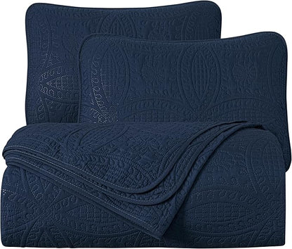 Chezmoi Collection Austin 3-piece Oversized Bedspread Coverlet Set (Queen, Navy) | Oversized, Lightweight, Fade Resistant