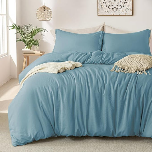 MILDLY Super Soft Duvet Cover 2pcs - 100% Washed Microfiber Grayish Blue Comforter Cover Set with Zipper Closure & Corner Ties (No Comforter)
