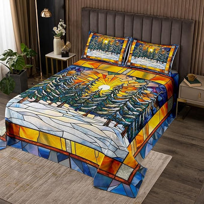 Pine Tree Kid Bedspread King Size,Merry Christmas Tree Sunrise Rustic Farmhouse Coverlet Set,Boys Girls Room Decor,Geometric Plaid Patchwork Quilted Coverlet,Blue Xmas Bedding Quilt,2 Pillowcases