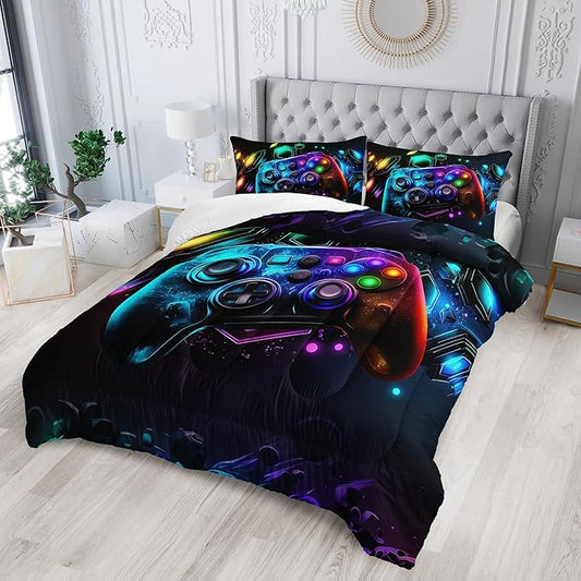 Gamer Comforter Set - Twin Size Video Game Bedding with Neon Gaming Pattern - Ideal for Boys' Gamer Room Decor