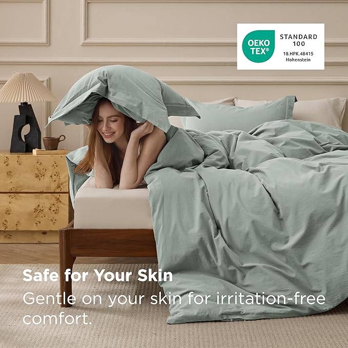 Bedsure 100% Washed Cotton Duvet Cover Queen Size - Sage Green Minimalist Bedding Set Linen Like - PureWoven Plain Simple & Soft Comforter Cover for All Seasons (Sage Green, Queen, 90"x90")