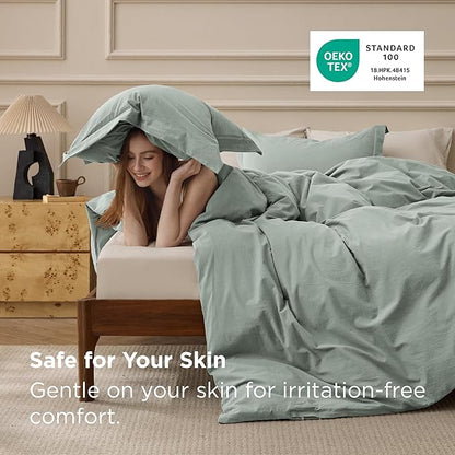 Bedsure 100% Washed Cotton Duvet Cover Queen Size - Sage Green Minimalist Bedding Set Linen Like - PureWoven Plain Simple & Soft Comforter Cover for All Seasons (Sage Green, Queen, 90"x90")