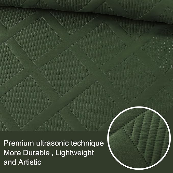 Exclusivo Mezcla Quilts Queen Size - Olive Green Quilt Set Bedspread with 2 Pillow Shams, Modern Bedding Set with Striped Pattern, Soft Lightweight Bedspreads Queen Size for All Seasons