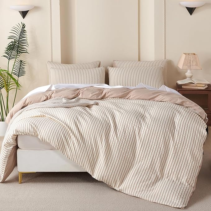 Comforter Queen Set Beige Striped Soft Luxury Washed Microfiber Jacquard 3 Pieces Bedding, White Beige Vertical Ticking Stripes Pattern Comforter with 2 Pillowcases Breathable Durable Comfy