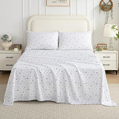 Softan Floral Full Sheet Set Purple Flower Printed Bed Sheets Double, Cozy Microfiber Patterned Fitted Sheets with 15" Deep Pocket & Non-Slip Straps, Cute Purple Sheets and Pillowcase Set