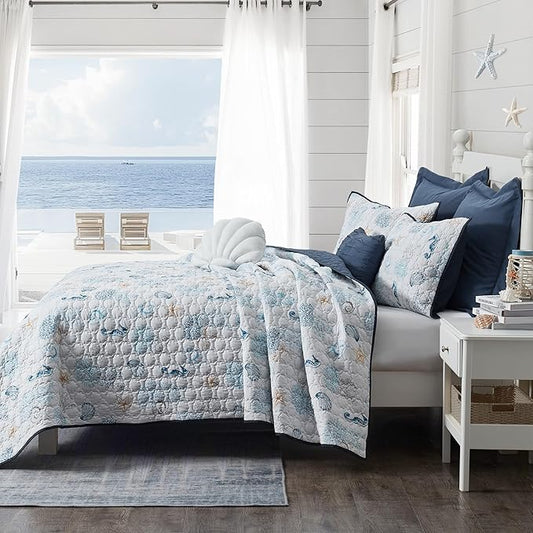 Wonderful Cotton Coastal Quilt Set King Size, Shell Stitched Quilting Reversible Cotton Bedding Cover with 2 Shams, Nautical Beach Lightweight Bedspreads Coverlet Summer Bedding, 106"x94"