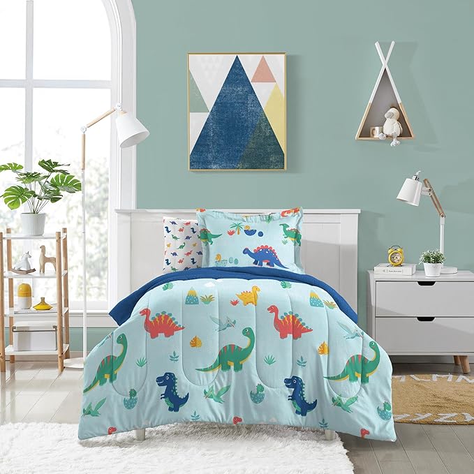 Dream Factory Kids 5-Piece Complete Bed Set Easy-Wash Super Soft Microfiber Comforter Bedding, Twin, Blue Sweet Dino