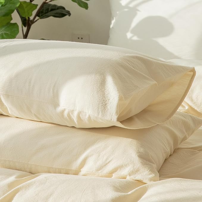 MooMee Bedding Pillowcases Pack of 2 100% Washed Cotton Linen Like Textured Breathable Durable Soft Comfy (Solid Cream White, Queen)