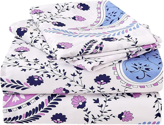 JSD Paisley Floral Printed Sheet Set Queen Size, 4 Piece Soft Pattern Microfiber Sheets Extra Deep Pocket