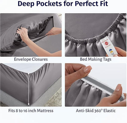 California Design Den Queen Size Sheet Set - Certified 100% Egyptian Cotton Queen Size Percale Sheets with Deep Pockets, Lightweight, Crisp, Durable Luxury Bedding Set - Grey