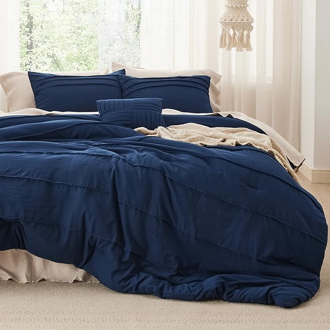Bedsure Full Comforter Set - 4 Pieces Pinch Pleat Bed Set, Navy Blue Boho Bedding for All Season, 1 Soft Comforter, 2 Pillowcases, 1 Decorative Pillow