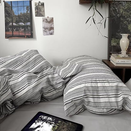 mixinni Vintage Grey & White Striped Comforter Set Twin XL Size - Soft Washed Cotton 3-Piece Neutral Bedding Set, Retro Geometric Pattern, All-Season Breathable & Fluffy for Men, Boys