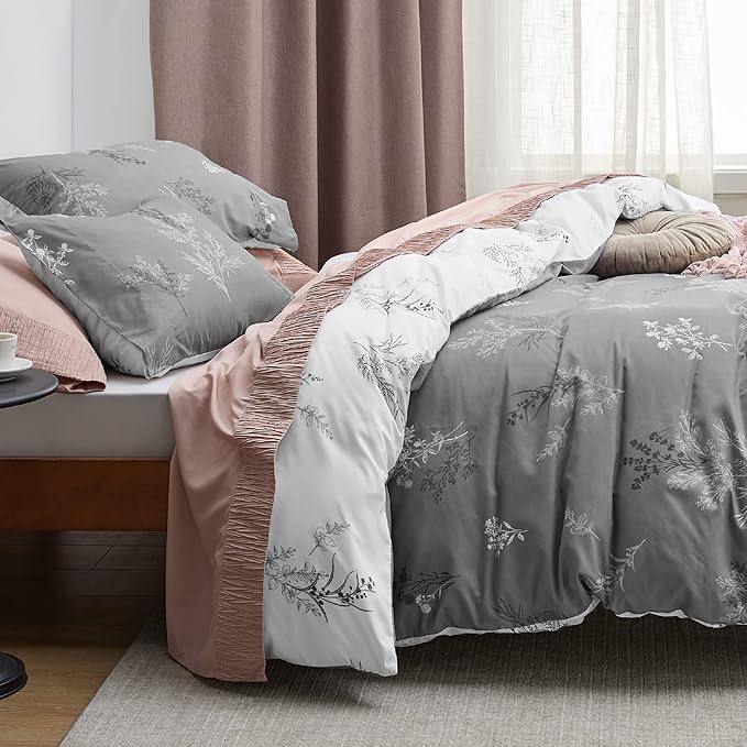 Bedsure Duvet Cover Twin Dorm Bedding - Reversible Floral Duvet Cover Set with Zipper Closure, 2 Pieces Grey Bedding Set with 8 Corner Ties and 1 Pillowcase 20"x26"