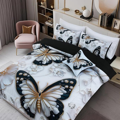 A Nice Night 6pcs Bed in A Bag Black and Glod Dreamy 3D Butterfly Printed, with Pearl Flower Design Butterflies Bedding Twin Comforter Set, for Girls Kids Teens