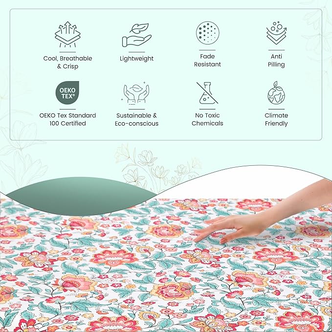 Feather & Stitch Softest 100% Cotton Sheets, 300 Thread Count Percale Weave Bedding, 16" Deep Pocket, Cooling Sheets, Breathable Bed Set, Hotel Premium Quality (Queen, Vintage Garden)
