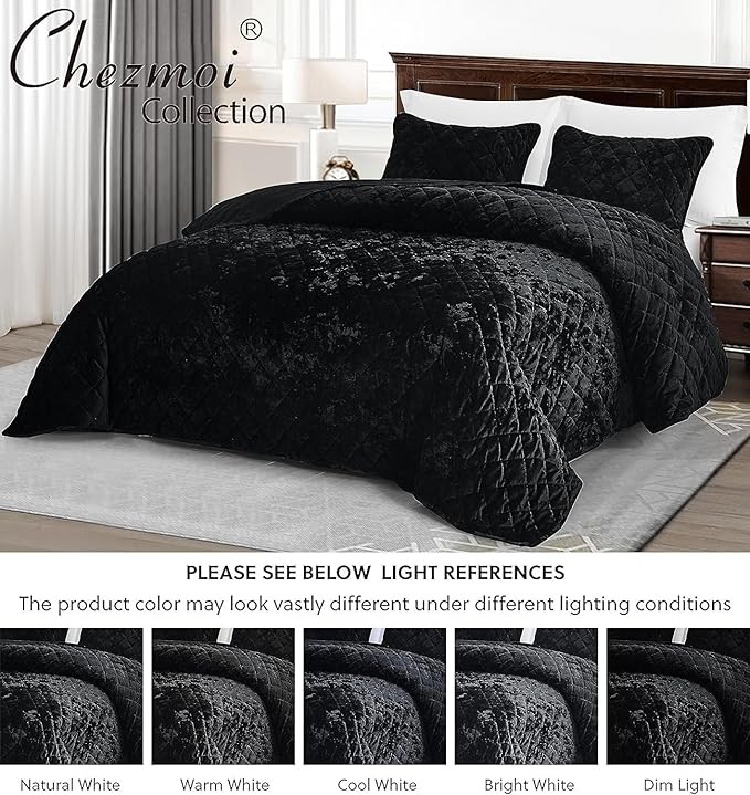 Chezmoi Collection Lux Black Velvet Quilt Oversized King Set, 3-Piece Plush Distressed Velvet Bedding All Season Lightweight Comforter Brushed Microfiber Reverse with Diamond Stitch Quilting