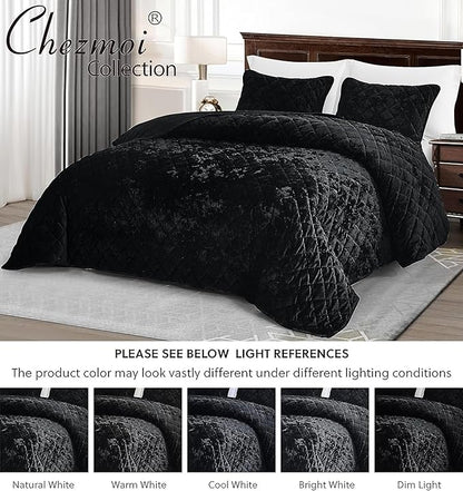 Chezmoi Collection Lux Black Velvet Quilt Oversized King Set, 3-Piece Plush Distressed Velvet Bedding All Season Lightweight Comforter Brushed Microfiber Reverse with Diamond Stitch Quilting