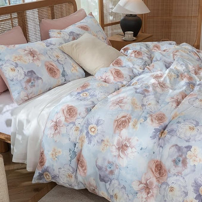 Queen Size Comforter Floral 3 Pieces Soft Chic Crinkle Gauze Fabric Peony Floral Print Lightweight Botanical Flower Comforter for All Seasons Luxury Warmth Comfy Breathable with 2 Pillowcases
