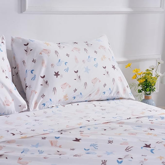 Underwater World Sea Animal Full Sheet Set for Kids - Fish, Whale, Cute and Cozy Bedding - Girls Boys Children - Deep Pocket, Wrinkle Free Soft Bed Sheets - 4PC