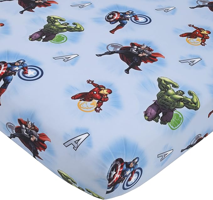 Disney Marvel Avengers Fight The Foes Blue, Red, Green Hulk, Iron Man, Thor, Captain America 4 Piece Toddler Bed Set - Comforter, Fitted Bottom Sheet, Flat Top Sheet, and Reversible Pillowcase