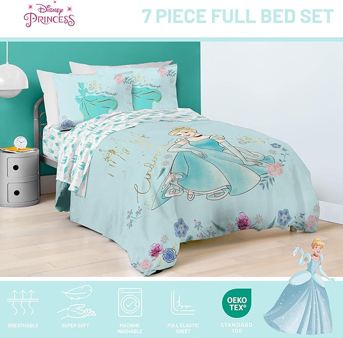 Jay Franco Kids Comforter Set Includes Sheets and Pillow Covers - Soft and Cozy Bed Set for Stylish Room Decor, Official Licensed Bedding, Blue - Princess Cinderella, 7 Piece Full