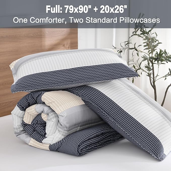 Litanika Comforter Set Full Size Blue Yellow - 3 Pieces Lightweight Blue Yellow White Colorblock Stripe Fluffy Bedding Comforter Sets, All Season Bed Set