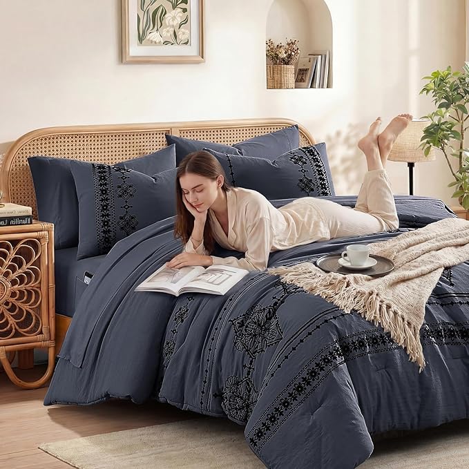 MaiRêve Queen Size Comforter Set Crown Blue, Embroidery Floral Western Boho Bedding Set, All Season 7 Pieces Bed in a Bag with Sheets, Pillowcases & Shams