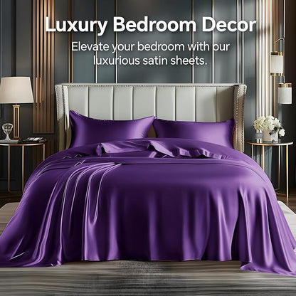 BEDELITE Satin Sheets Queen Size Bed Set, Luxury Soft Plum Purple Sheets for Hair and Skin, Similar to Silk Bed Sheets Set 4 Pieces with 1 Deep Pocket Fitted Sheet, 1 Flat Sheet, and 2 Pillowcases