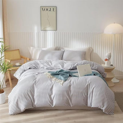 mixinni Striped Comforter Set Queen Size - Grey White Stripes Pattern Bed Set for Women and Men, 3 Pieces Lightweight Bedding Comforter Sets for All Seasons (1 Soft Fluffy Comforter + 2 Pillowcases)