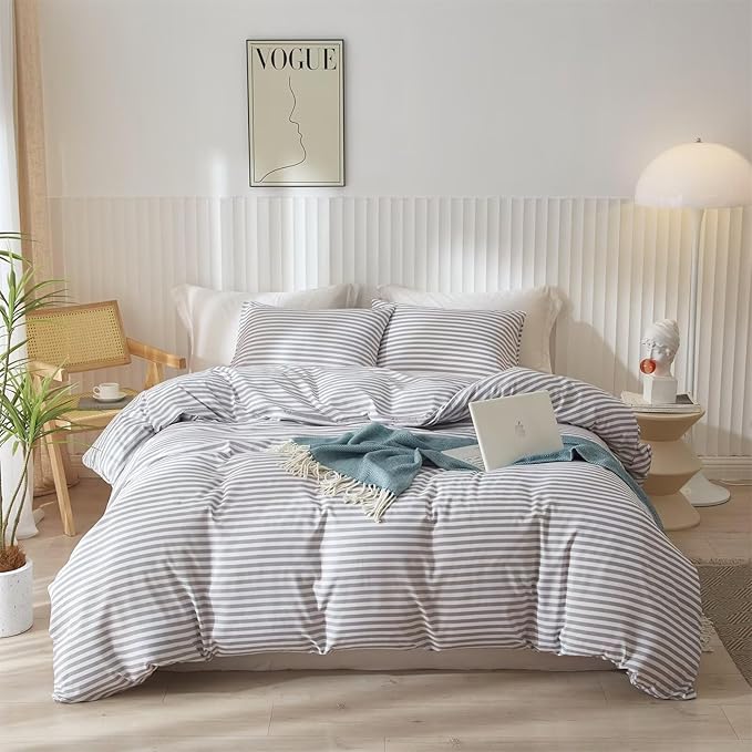 mixinni Striped Comforter Set King Size - Grey White Stripes Pattern Bed Set for Women and Men, 3 Pieces Lightweight Bedding Comforter Sets for All Seasons (1 Soft Fluffy Comforter + 2 Pillowcases)