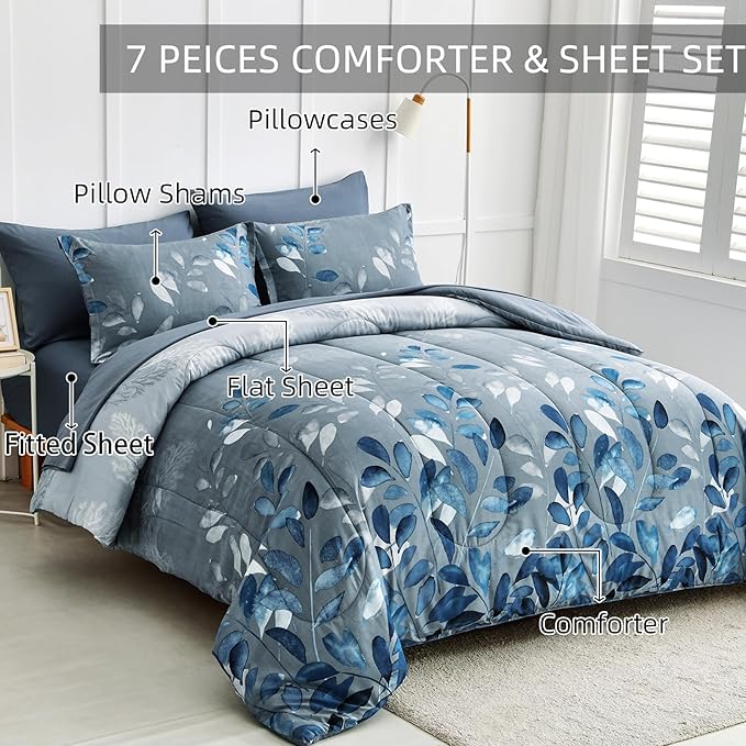 7 Piece Blue Botanical Bed in a Bag King Floral Comforter Set - Elegant Gradient Leaves Bedding Set for All Season (1 Comforter, 2 Pillow Shams, 2 Pillowcases, 1 Flat Sheet, 1 Fitted Sheet)
