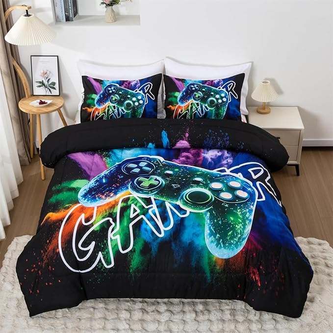 Aimuan Gamer Gaming Bedding Sets 3D Gamepad Comforter Sets for Boys Games Console Action Buttons Novelty Colorful Game Controller Modern Room Decor Home Quilt Set (Black-Green, Twin)