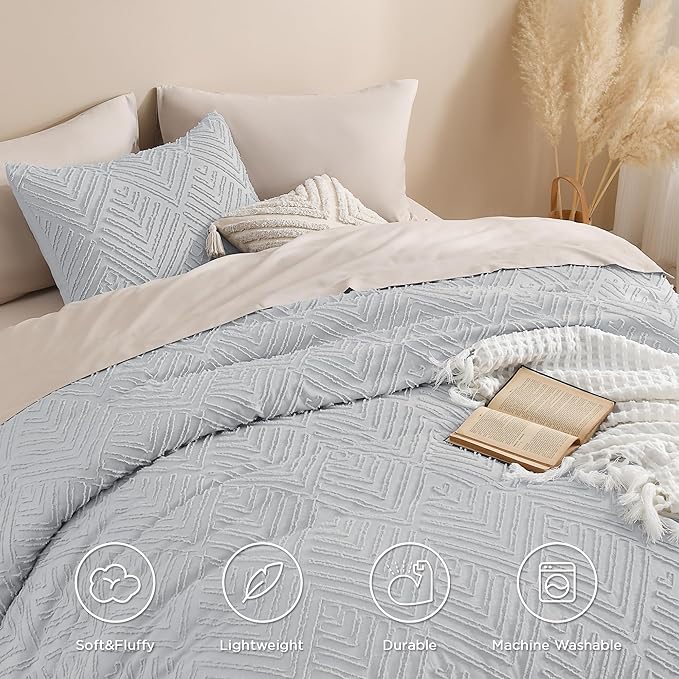 Andency Light Grey Comforter Oversized King Size Set 120''x98'', 3 Pieces Gray Soft Boho Bedding Set & Collections, Tufted Fluffy Shabby Chic Bed Set for All Seasons (1 Comforter, 2 Pillowcases)