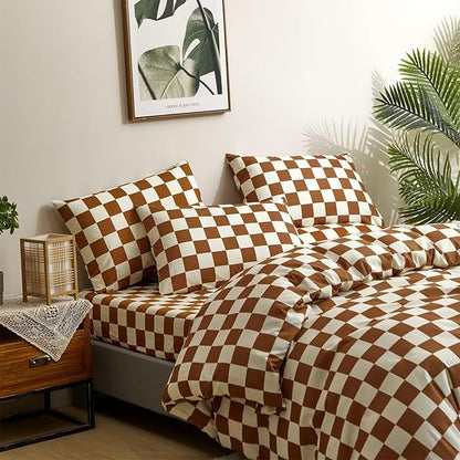 Houseri White Brown Plaid Comforter Set King Pumpkin Colored Checkerboard Comforter King Size Men Women Caramel Buffalo Checkered Bedding Elegant Camel Grid Gingham Checker Bed Comforter Sets King