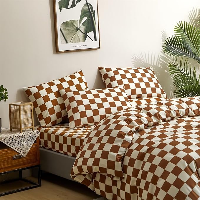 Houseri Plaid Brown and White Comforter Set Cal King - Russet Buffalo Checkered Bedding for California King - Modern Camel Grid Checkerboard Gingham Comforter for Men and Women