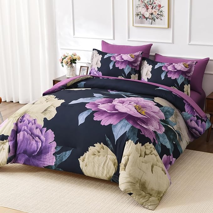 Dobuyly Dark Purple Comforter Set Queen 7 Piece Bed in a Bag, Elegant Floral Comforter Set with Sheets, Soft Microfiber Botanical Flower Bedding Set for All Season